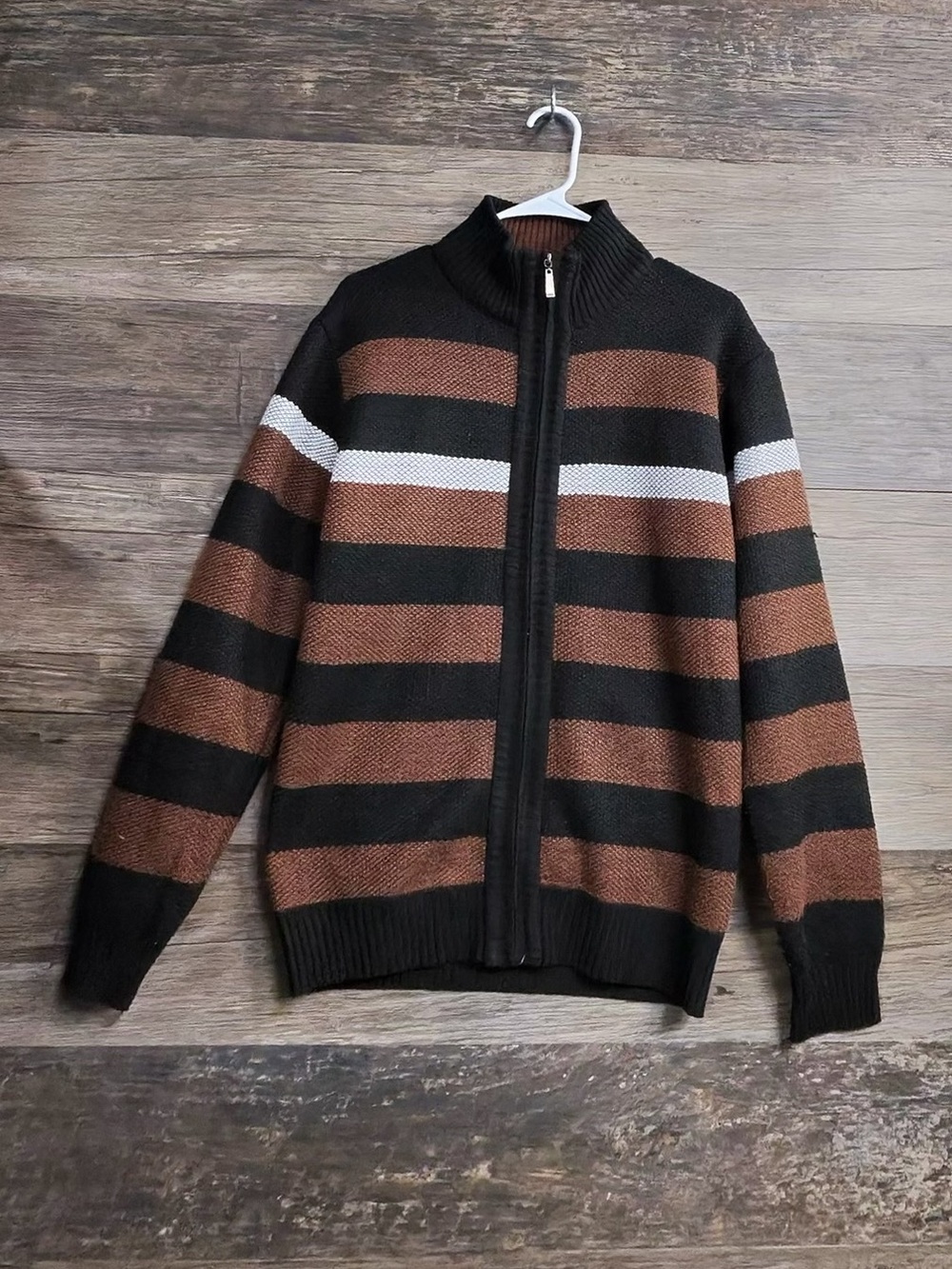 Six Lincoln Men's Full-Zip Striped Sweater in Brown, Black & White